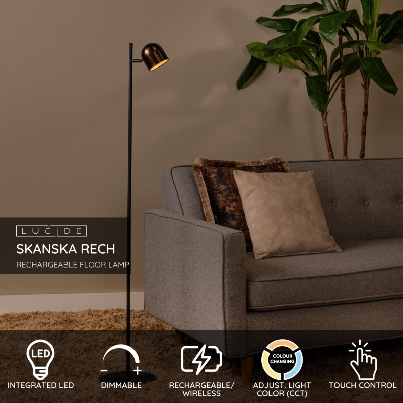 Lucide SKANSKA RECH - Rechargeable Floor lamp Indoor/Outdoor - Battery pack - Ø 23 cm - LED Dim. - CCT - 1x3W 3000K/6000K - IP44 - Coffee
